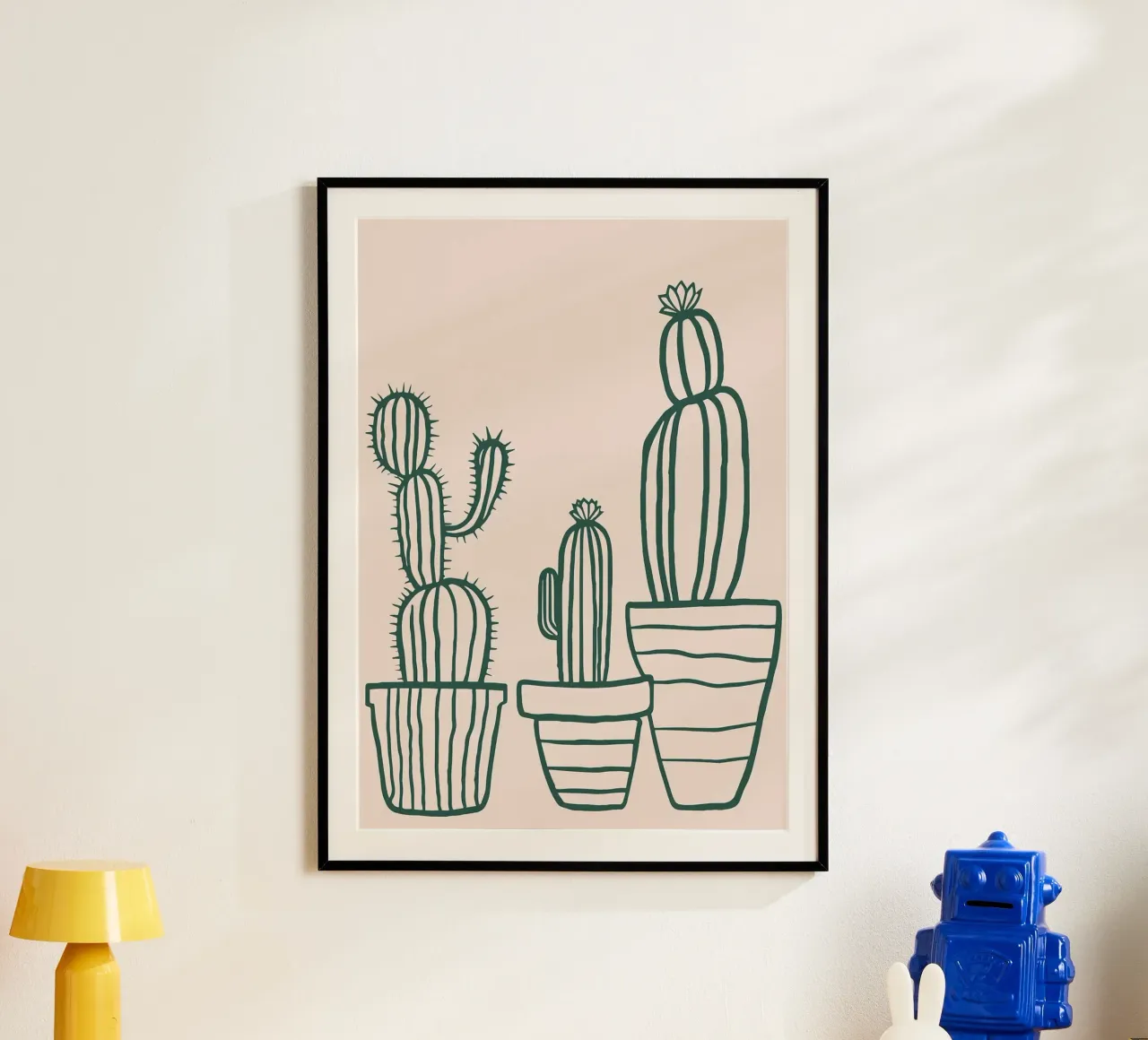 Linea d'arte minimalista con cactus in vaso - Estetica del deserto Boho poster con telaio in legno da MinimalistDesign
