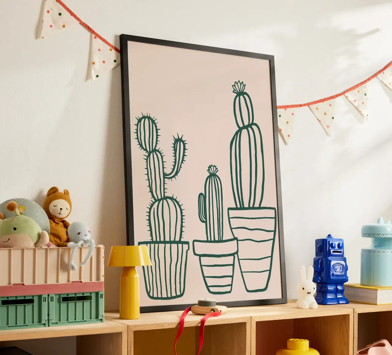 Linea d'arte minimalista con cactus in vaso - Estetica del deserto Boho poster con telaio in legno da MinimalistDesign