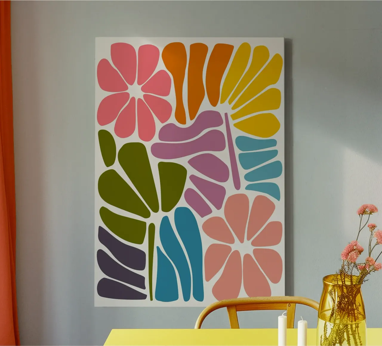Kleurrijke Abstracte Botanische - Matisse geïnspireerde Knipselkunst canvas met Baklijst van MinimalistDesign