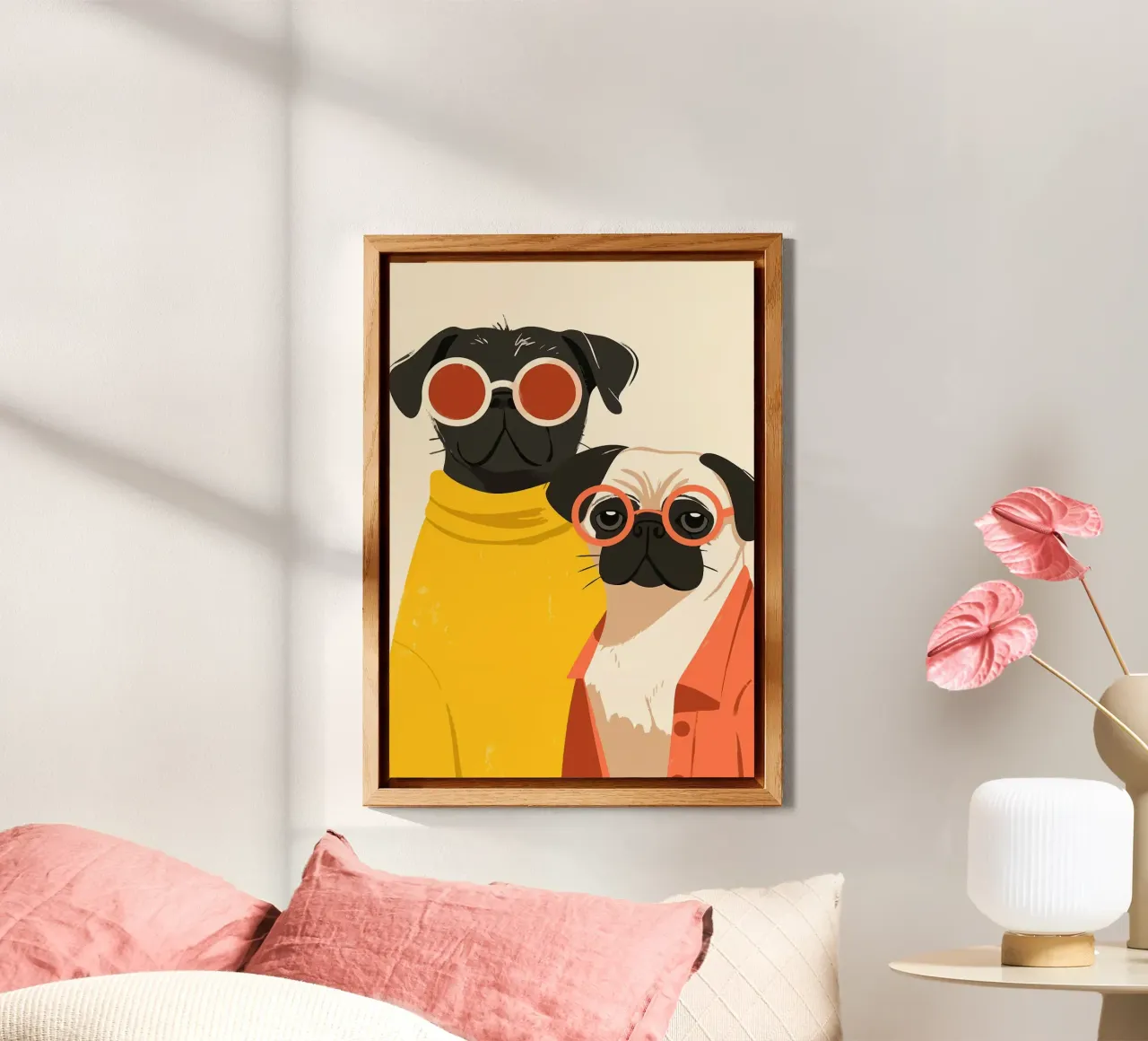 Due Boho Pug alla moda Illustrazione artistica minimalista pannello forex da MinimalistDesign
