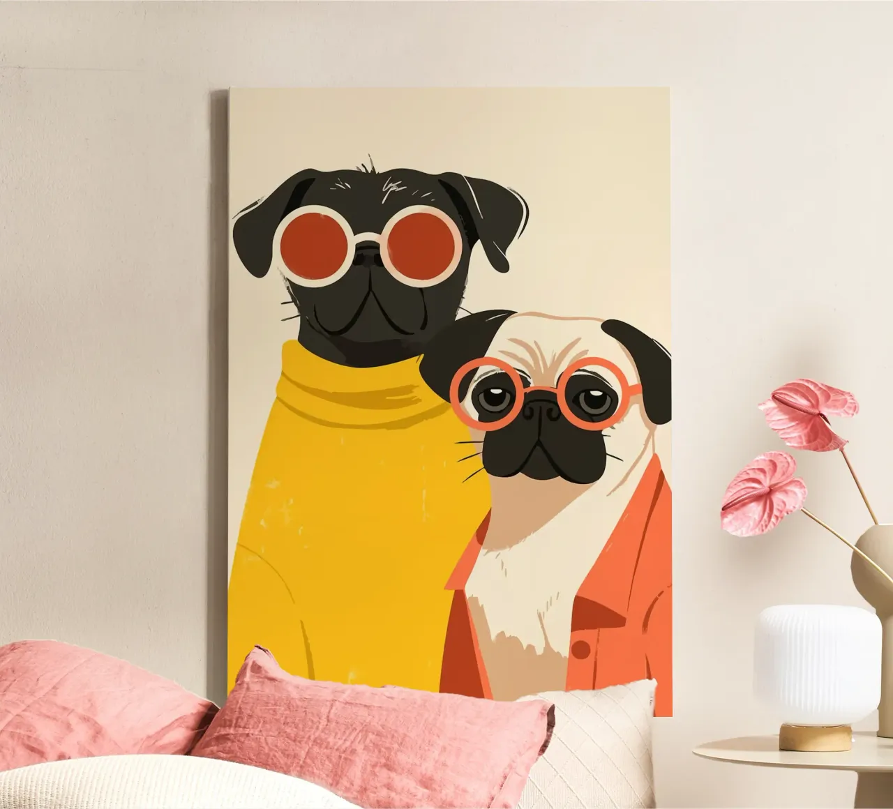Twee modieuze Boho mopshond Minimalistische kunstillustratie canvas van MinimalistDesign