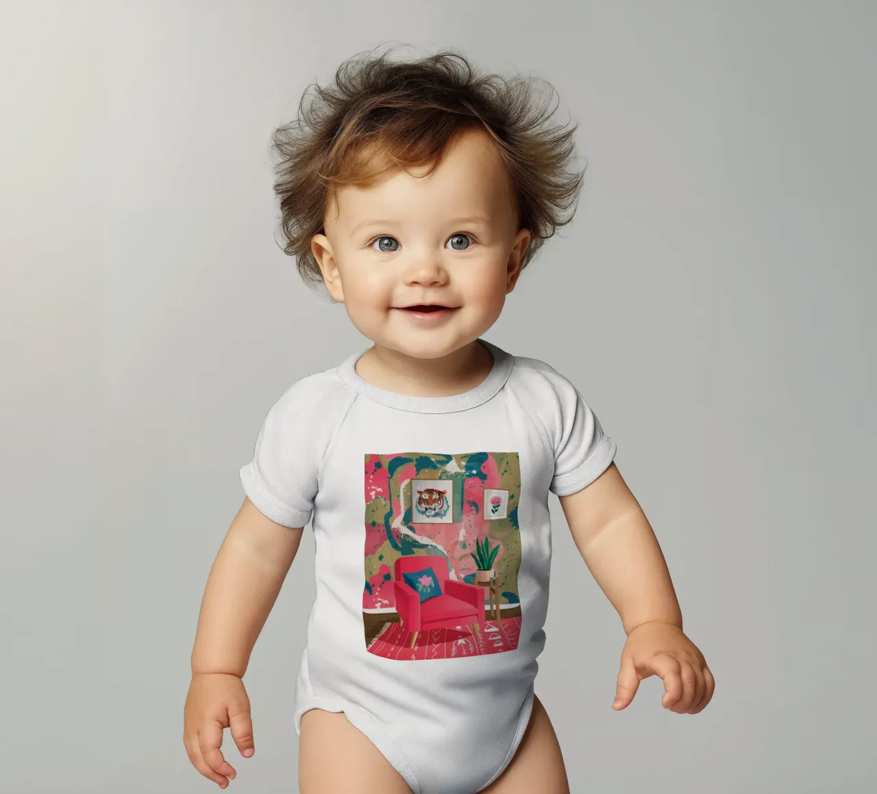 Maximalist Pink Paradise short-sleeve baby romper by Tiga Bersama