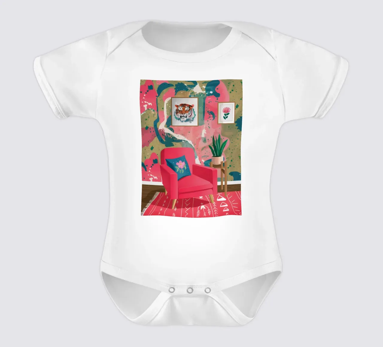 Maximalist Pink Paradise short-sleeve baby romper by Tiga Bersama