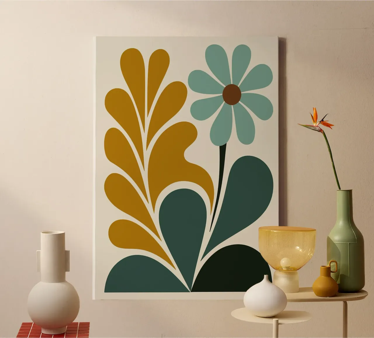 Arte floreale astratta Boho in verde acqua e senape tela da MinimalistDesign