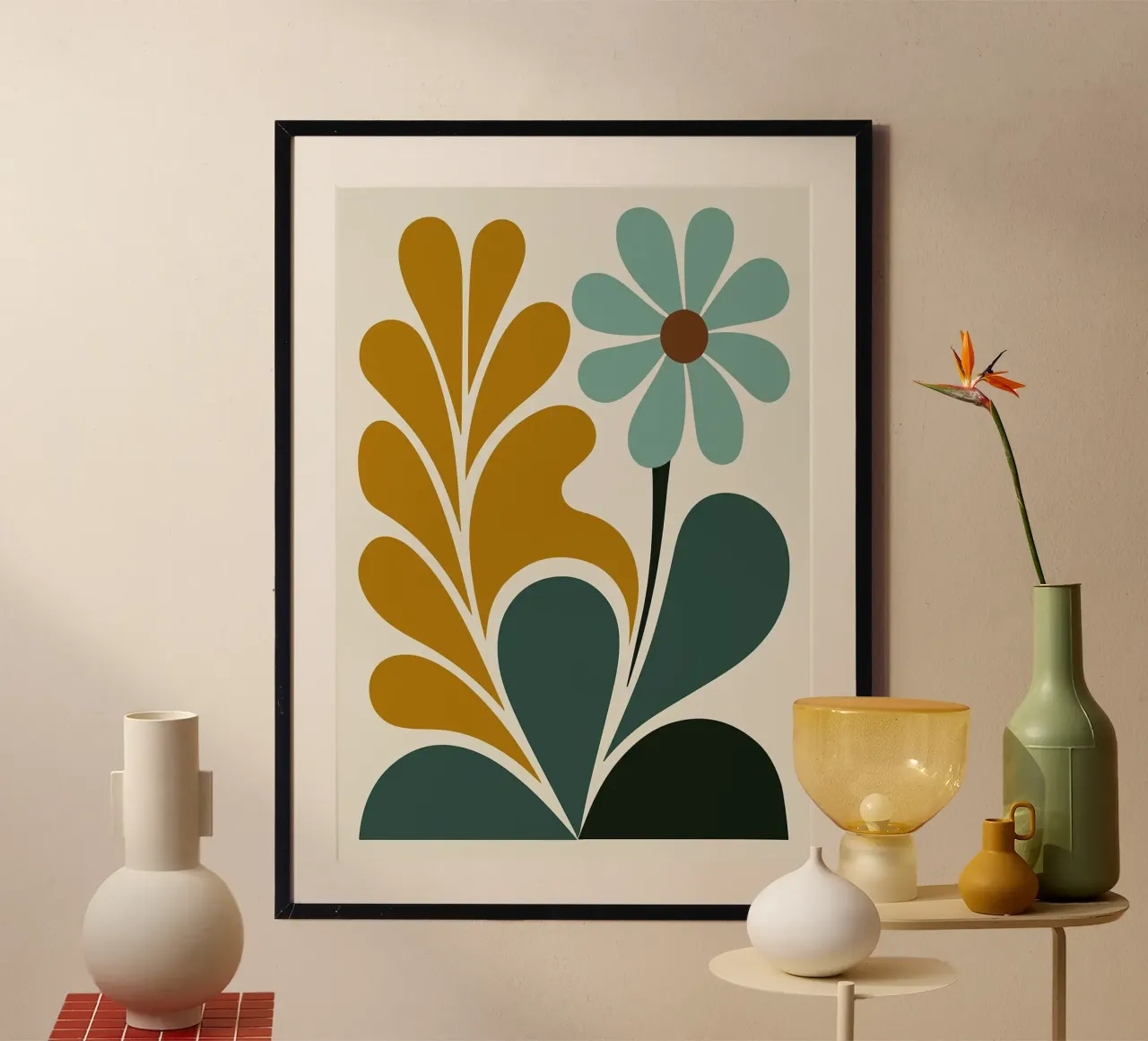 Arte floreale astratta Boho in verde acqua e senape poster con telaio in legno da MinimalistDesign