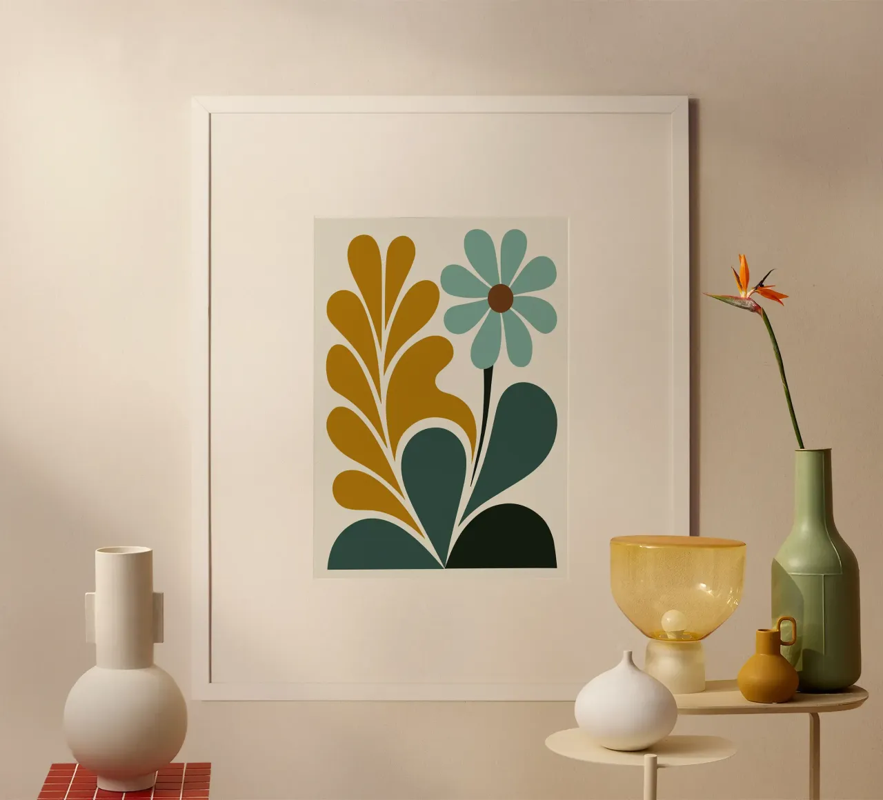 Arte floreale astratta Boho in verde acqua e senape poster con telaio in legno da MinimalistDesign