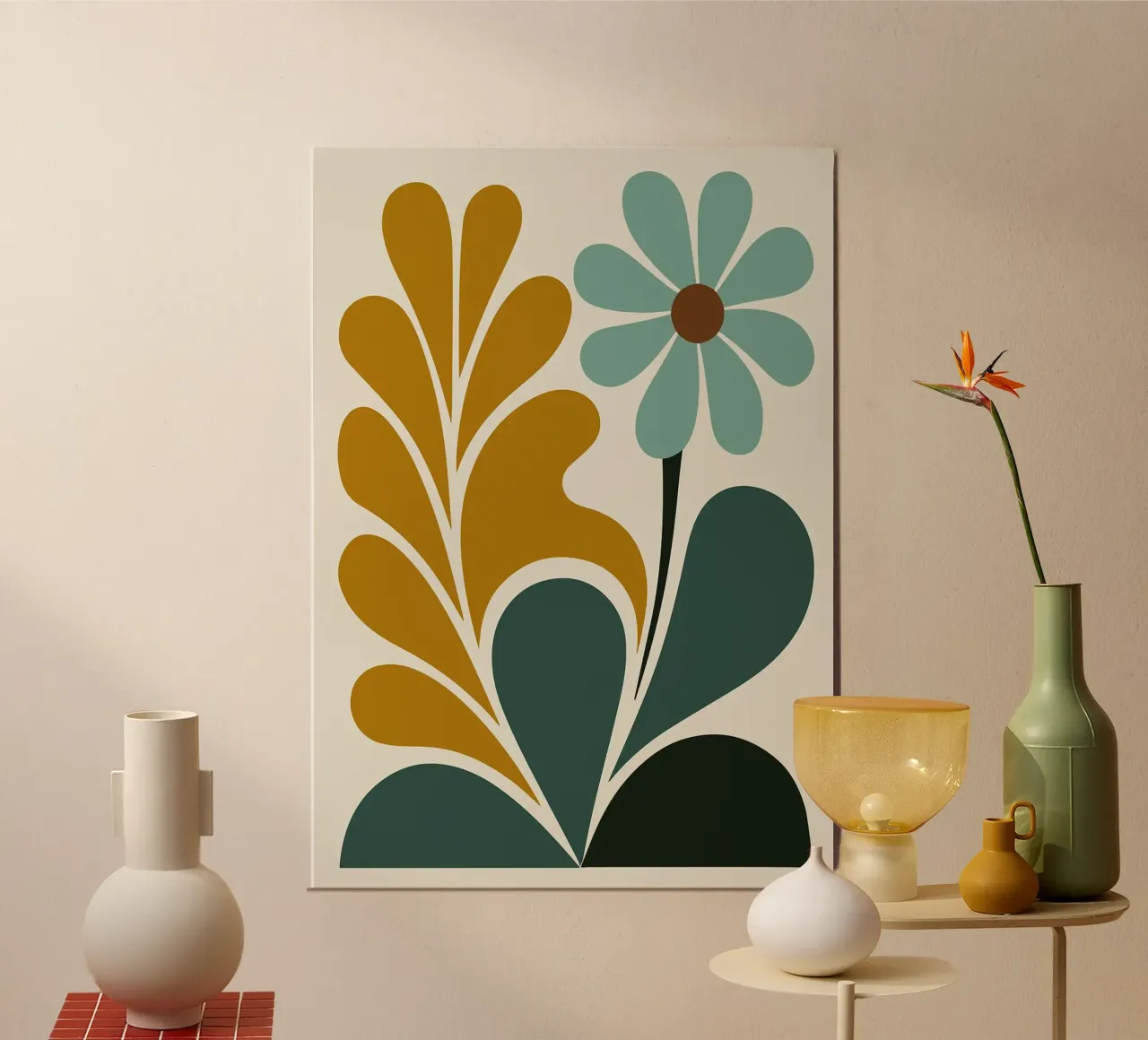 Arte floreale astratta Boho in verde acqua e senape poster con telaio in legno da MinimalistDesign