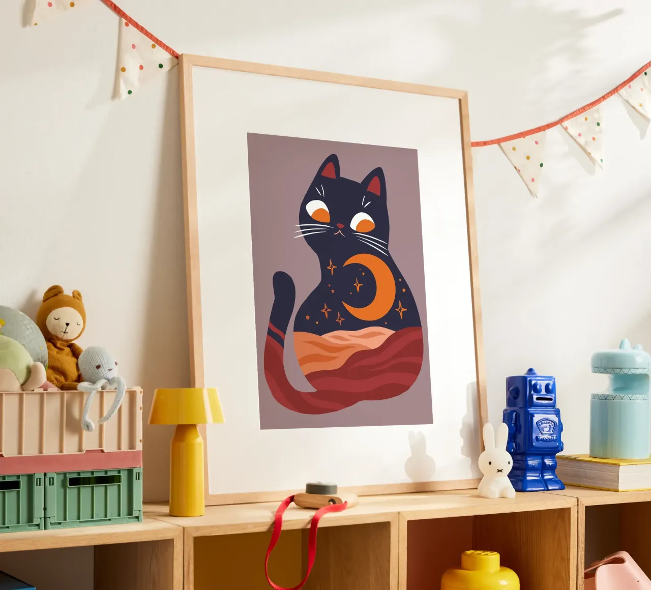 Set di stampe artistiche Boho Chic Moon Cat, sole e luna, Home Decor, poster con telaio in plastica da MinimalistDesign