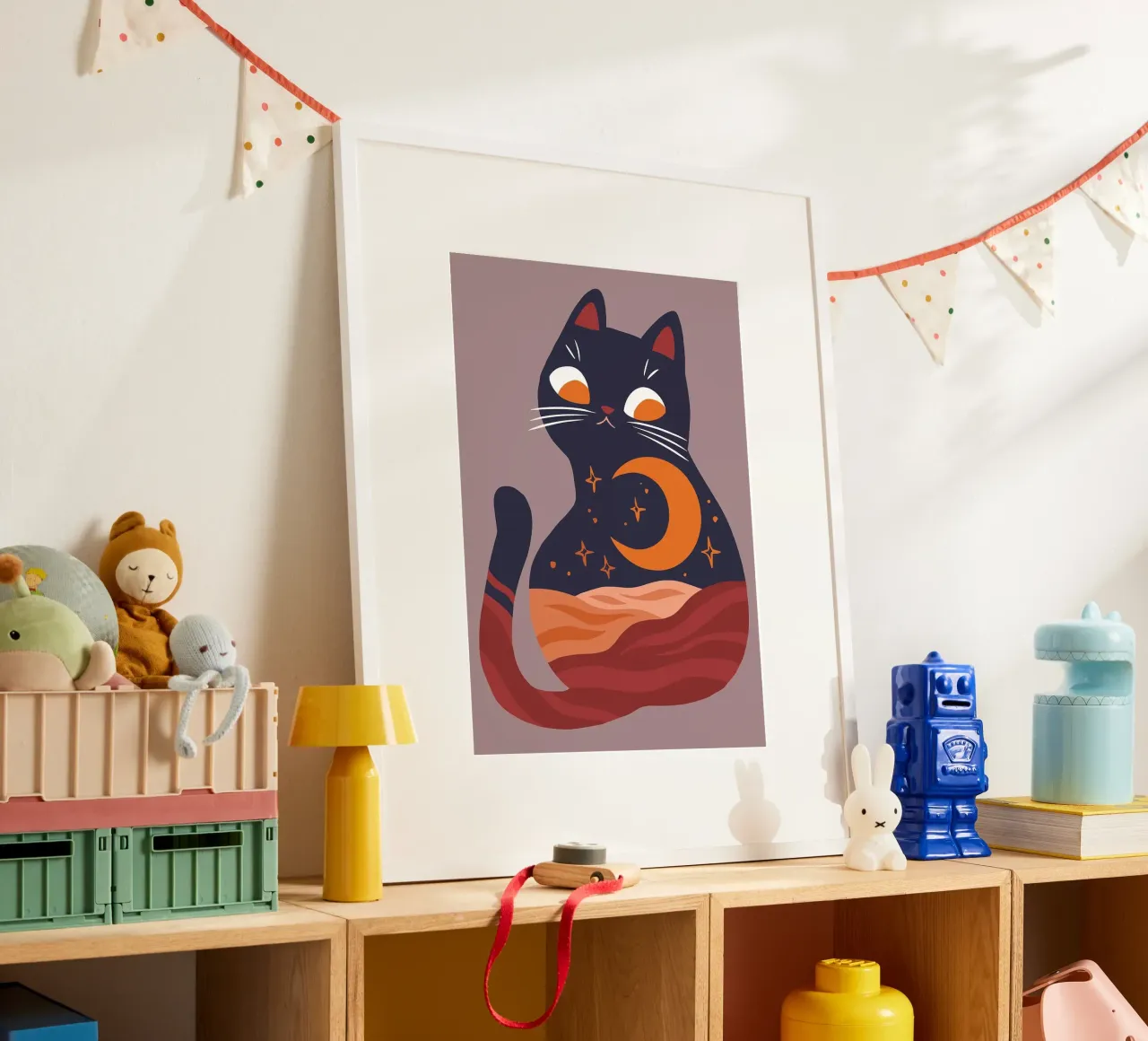 Set di stampe artistiche Boho Chic Moon Cat, sole e luna, Home Decor, poster con telaio in plastica da MinimalistDesign