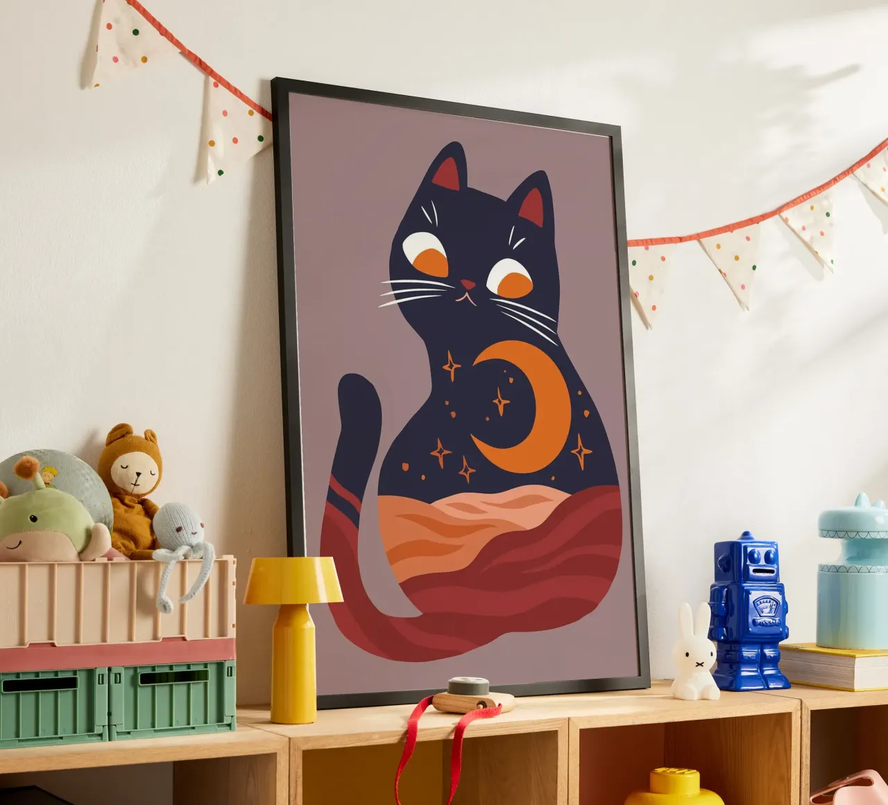 Set di stampe artistiche Boho Chic Moon Cat, sole e luna, Home Decor, poster con telaio in plastica da MinimalistDesign