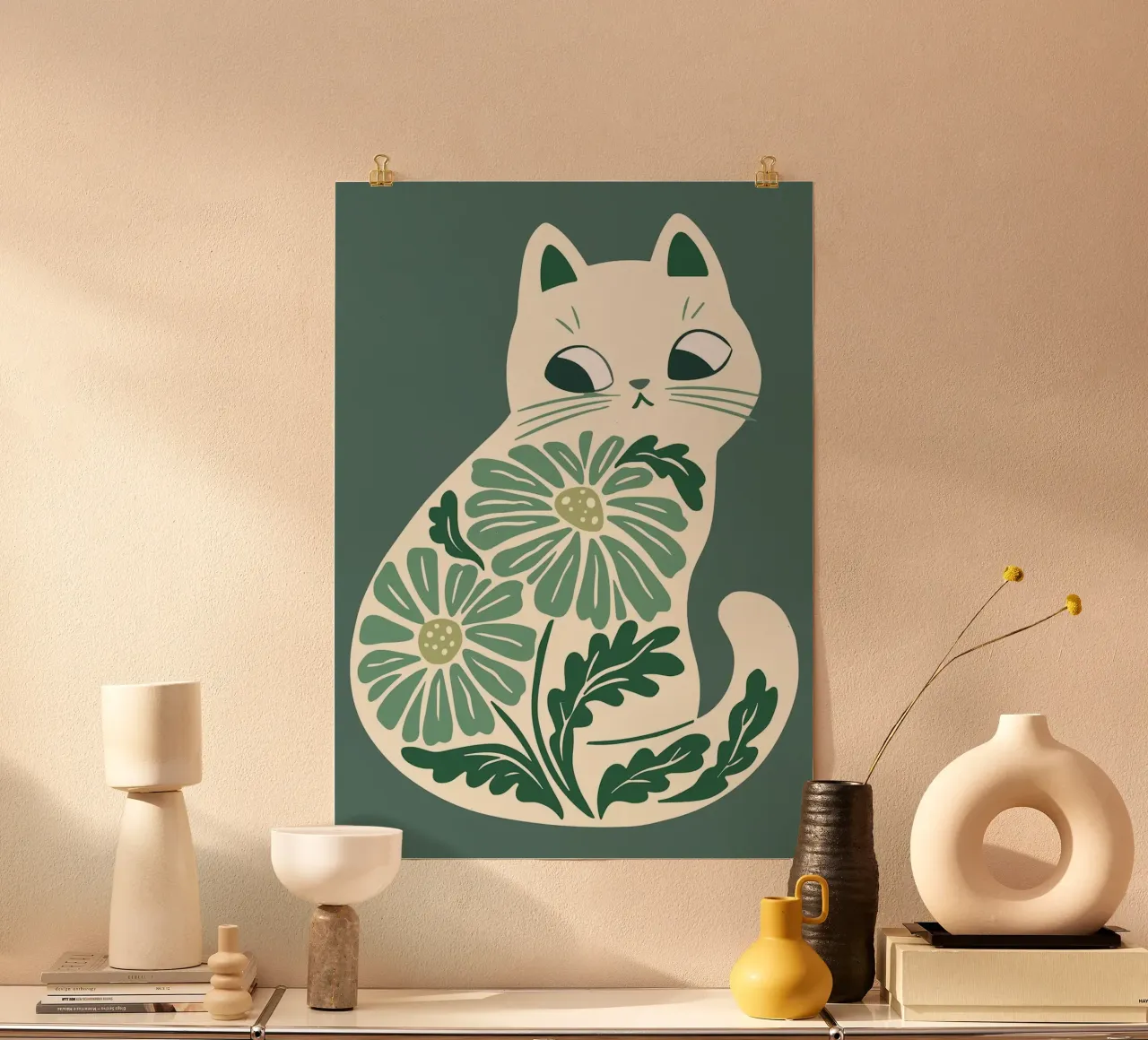 Costal Blue Boho Cats Art, Floral Cat Illustration hahnemühle by MinimalistDesign