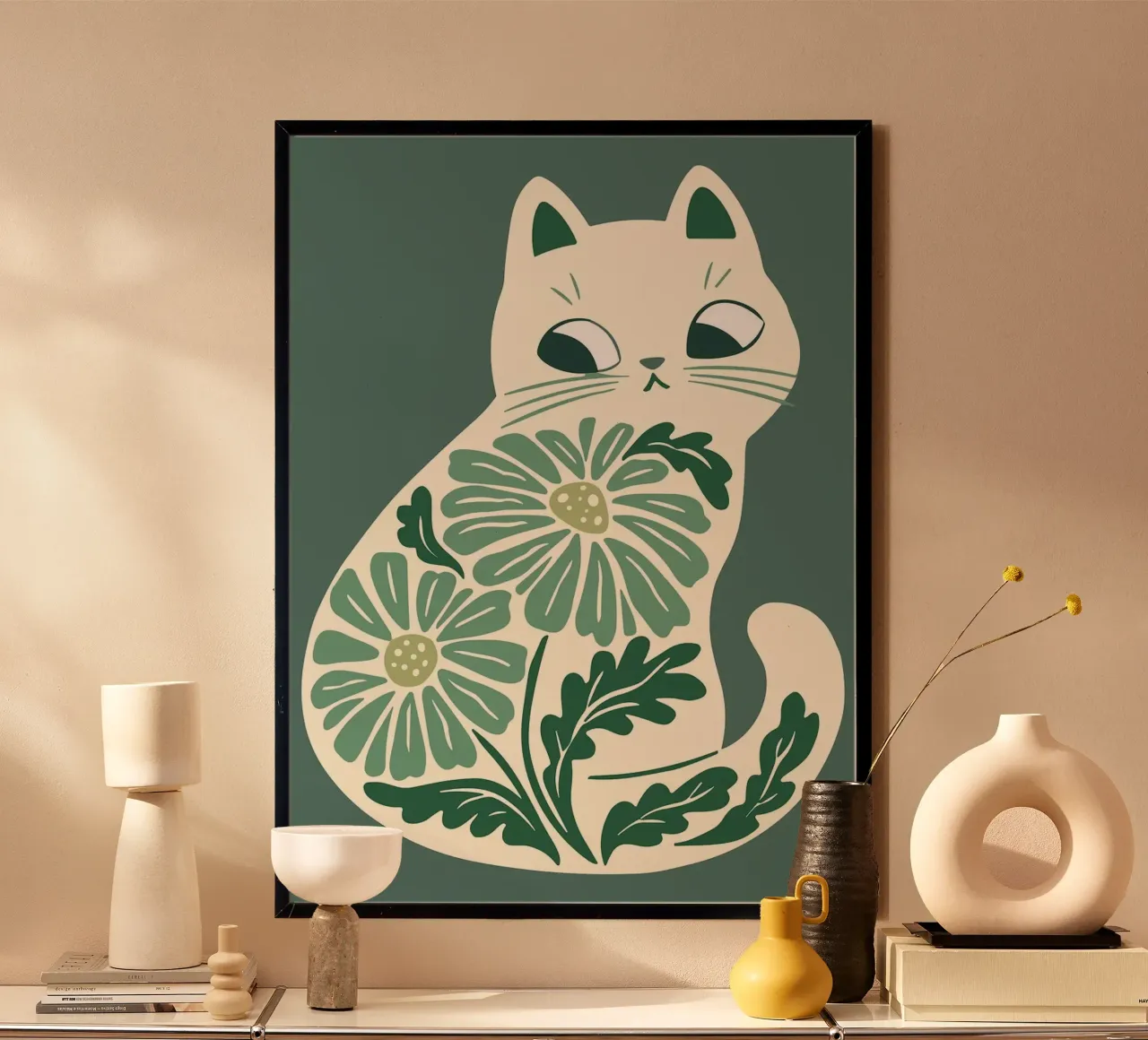 Costal Blue Boho Cats Art, Floral Cat Illustration hahnemühle by MinimalistDesign
