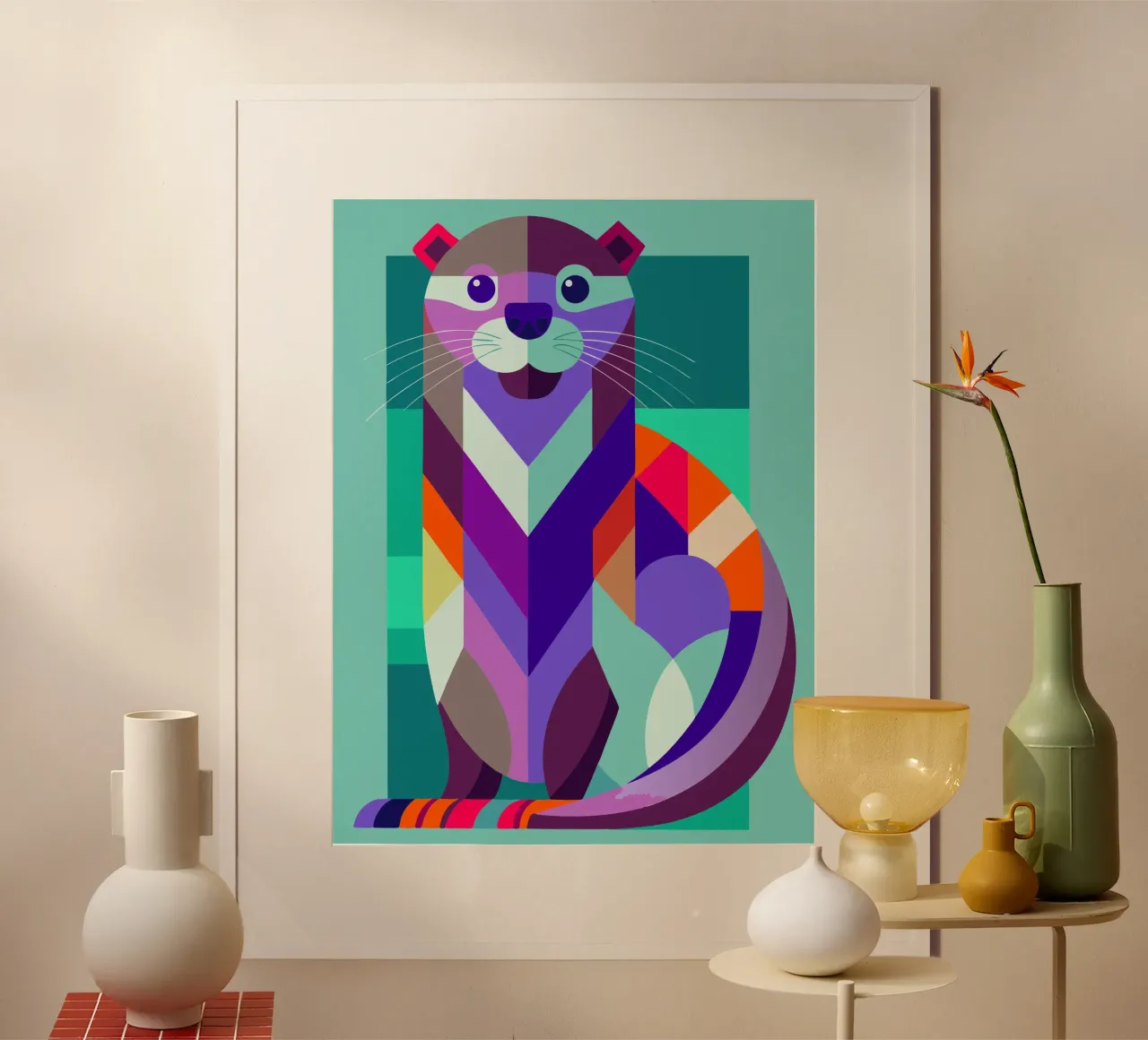 ilustrazione geometrica della lontra poster con telaio in legno da nemaro