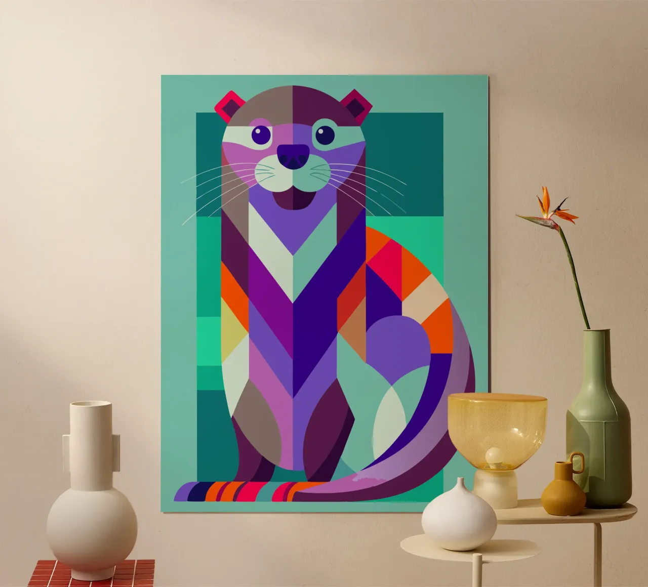 ilustrazione geometrica della lontra poster con telaio in legno da nemaro
