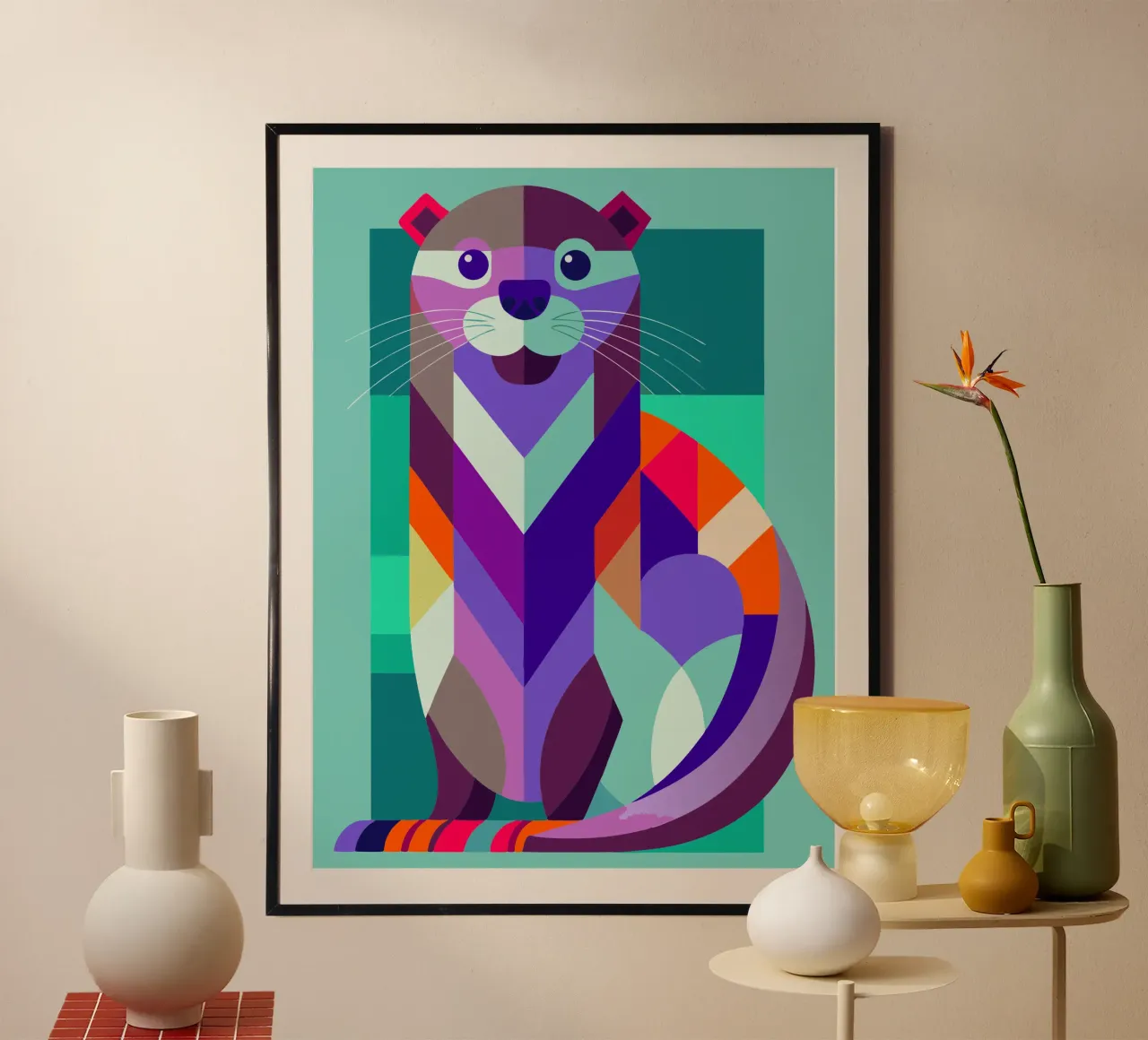 ilustrazione geometrica della lontra poster con telaio in legno da nemaro
