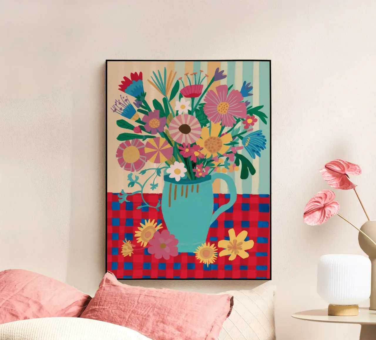 Cerulean Gingham Blooms acrylic glass by Fable Tempa