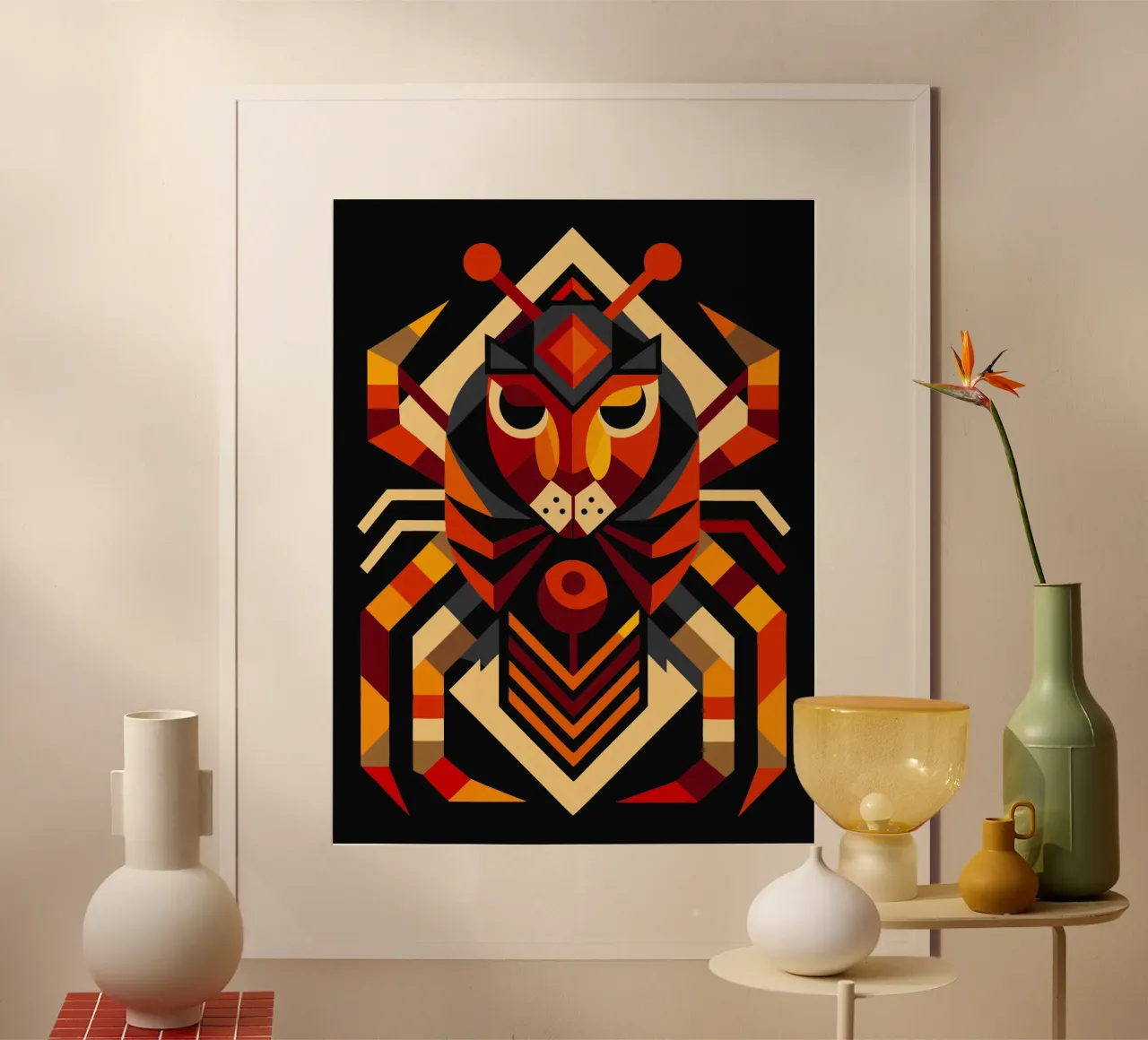 Illustrazione geometrica del ragno poster con telaio in legno da nemaro
