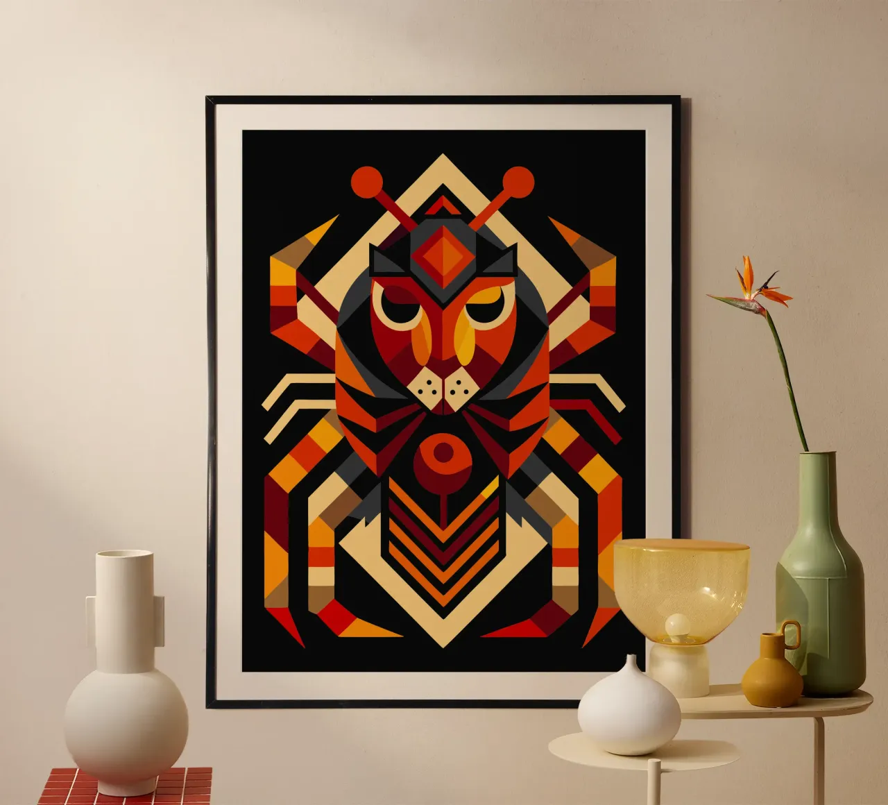 Illustrazione geometrica del ragno poster con telaio in legno da nemaro