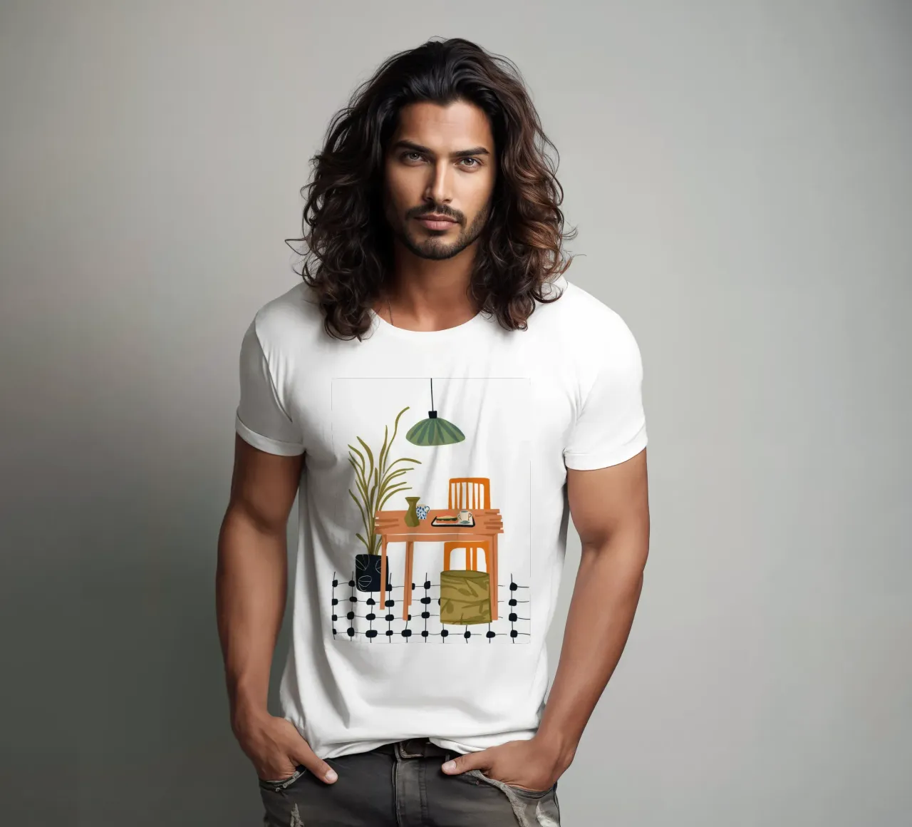 Sala da pranzo con pavimento a scacchi t-shirt da Tiga Bersama
