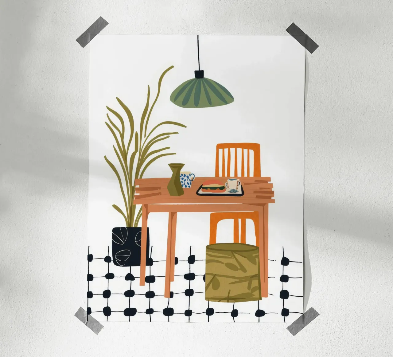 Sala da pranzo con pavimento a scacchi carta hahnemühle da Tiga Bersama