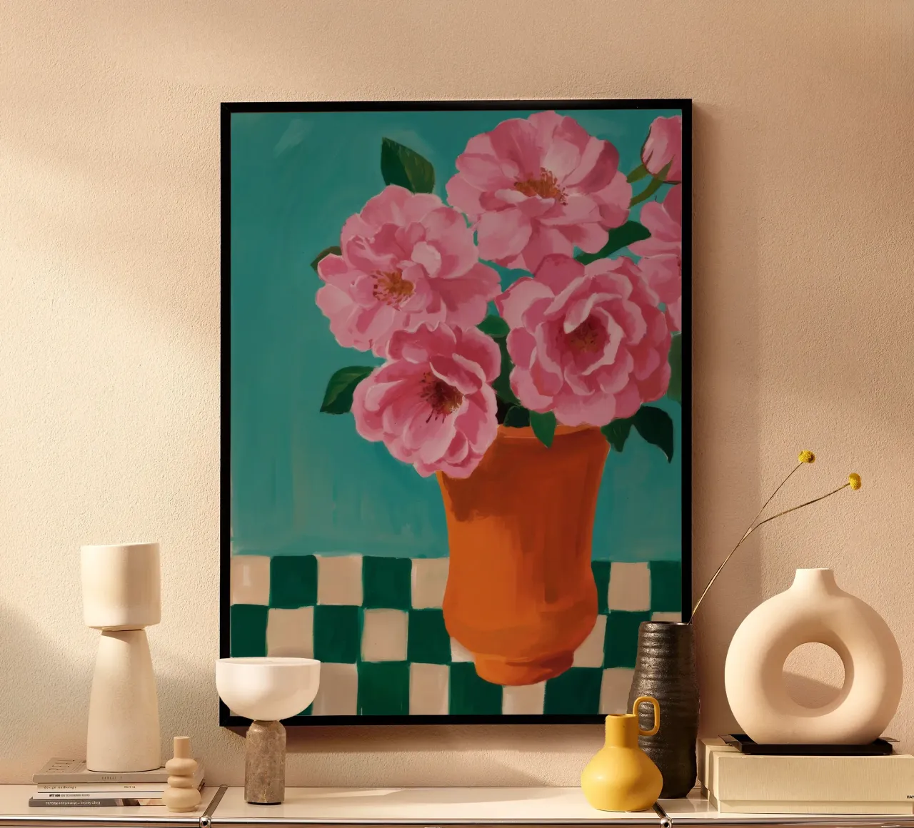 Peonie a scacchiera poster da Tiga Bersama