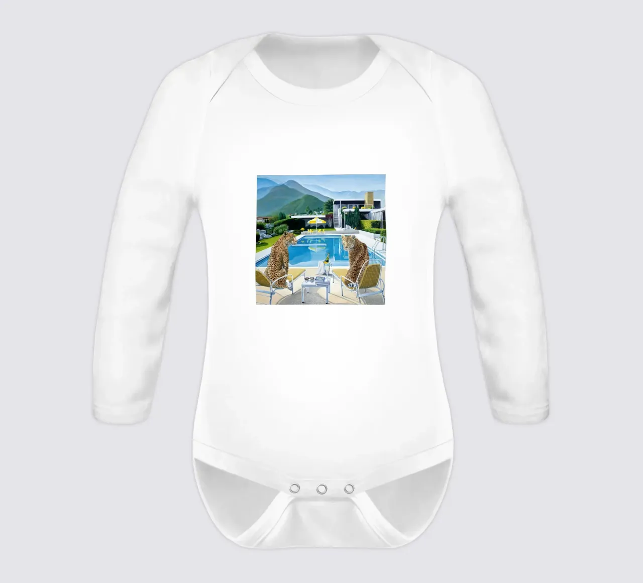Tiger Pool Side Slim aarons long-sleeve baby romper by Slim Aarons Vintage