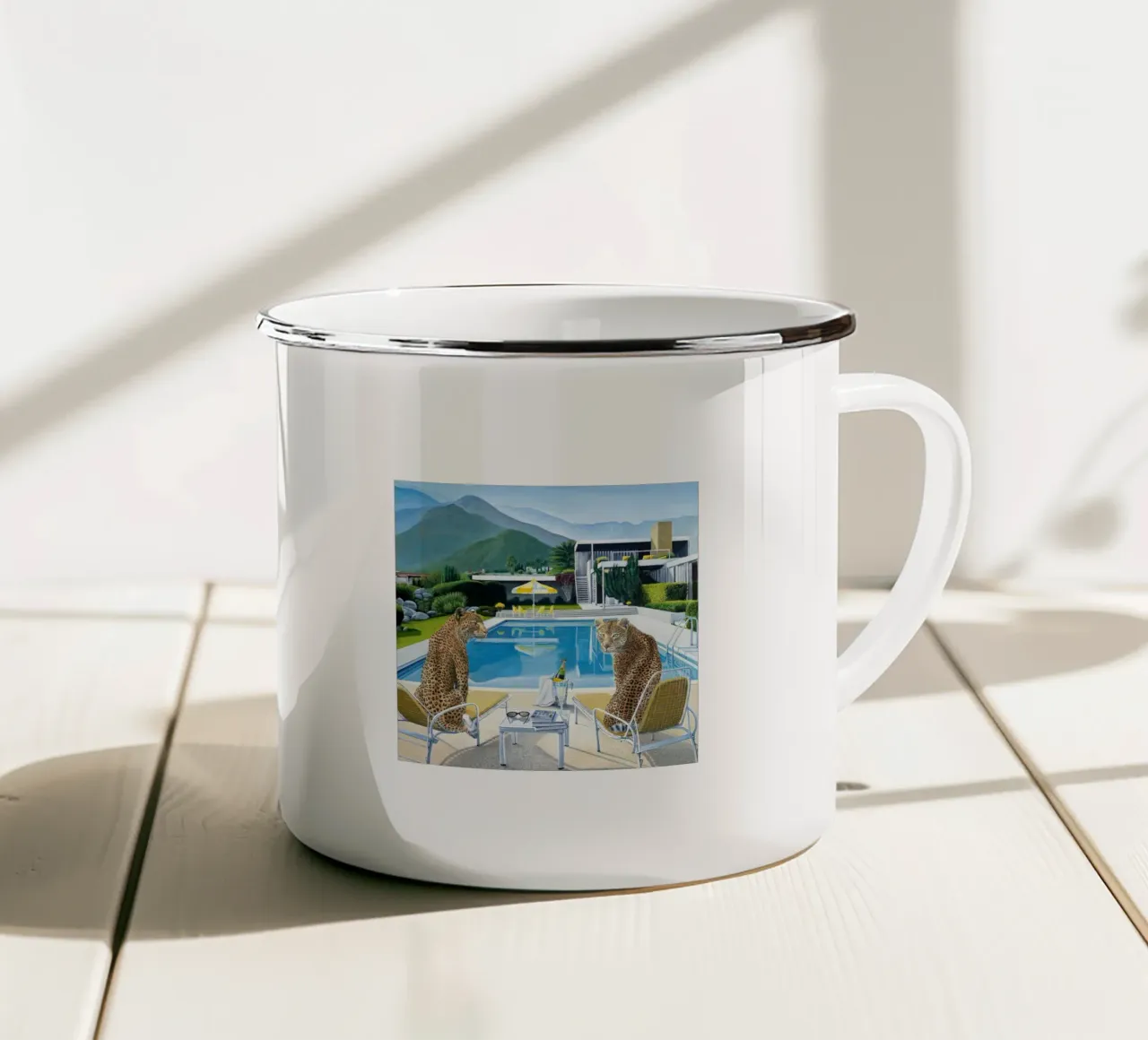 Tiger Pool Side Slim aarons taza de esmalte de Slim Aarons Vintage