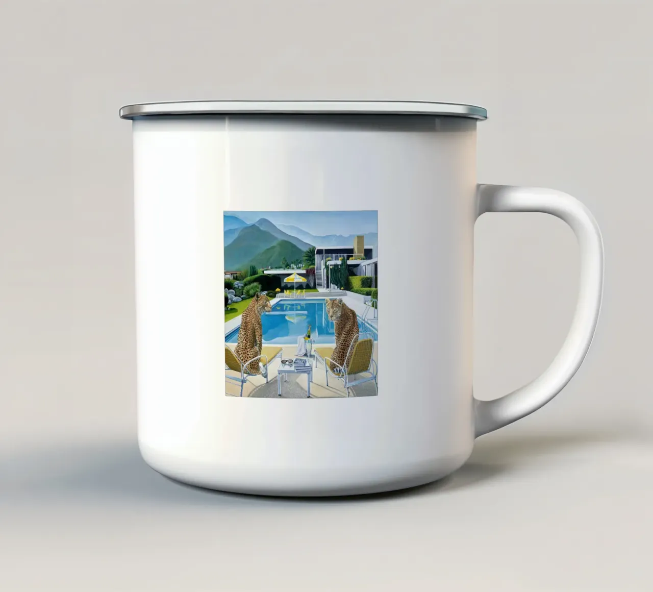 Tiger Pool Side Slim aarons taza de esmalte de Slim Aarons Vintage