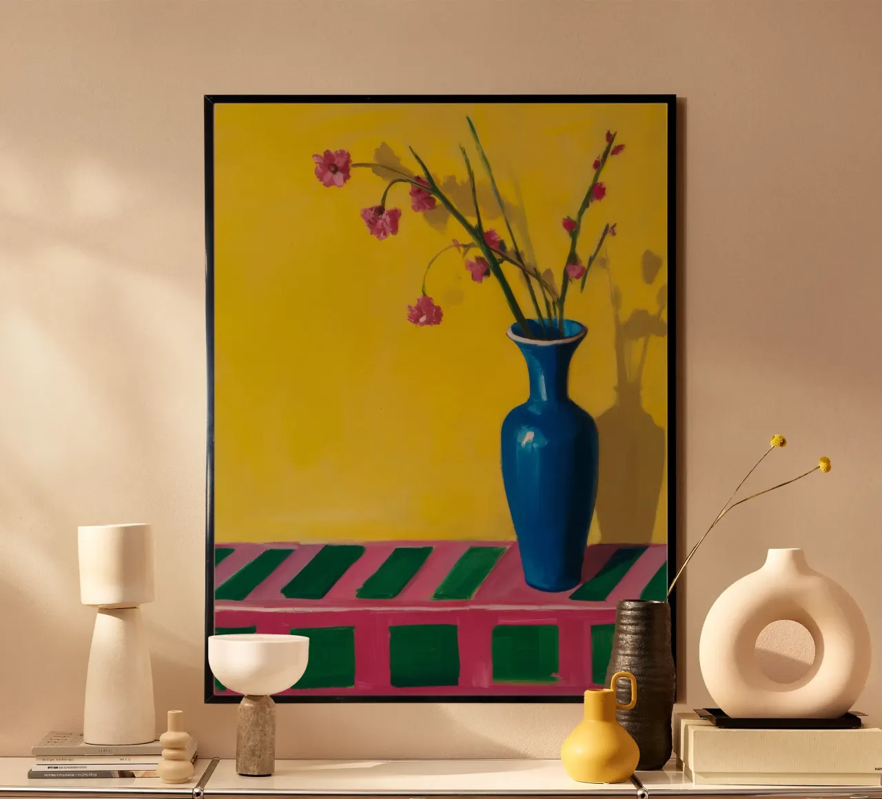 Blaue Vase Frühlingszweig Poster mit Holzrahmen von Tiga Bersama