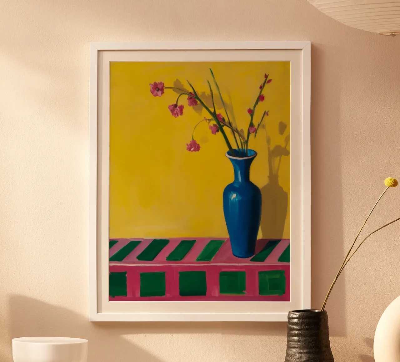 Blaue Vase Frühlingszweig Poster mit Holzrahmen von Tiga Bersama