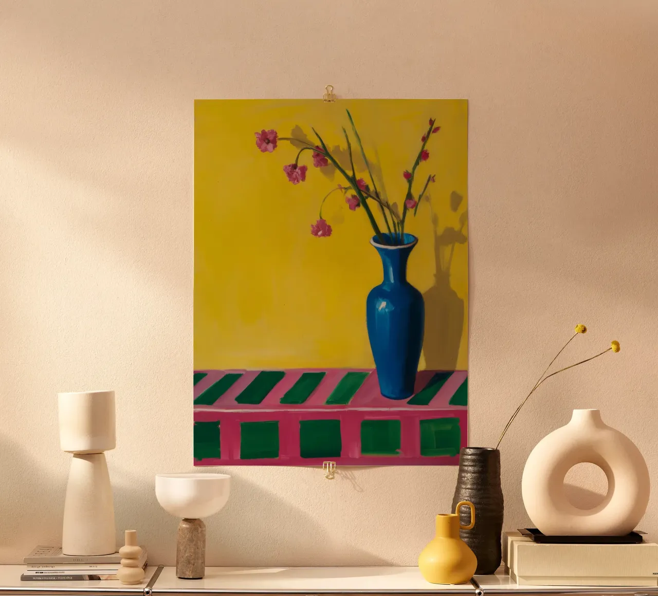 Blaue Vase Frühlingszweig Poster mit Holzrahmen von Tiga Bersama