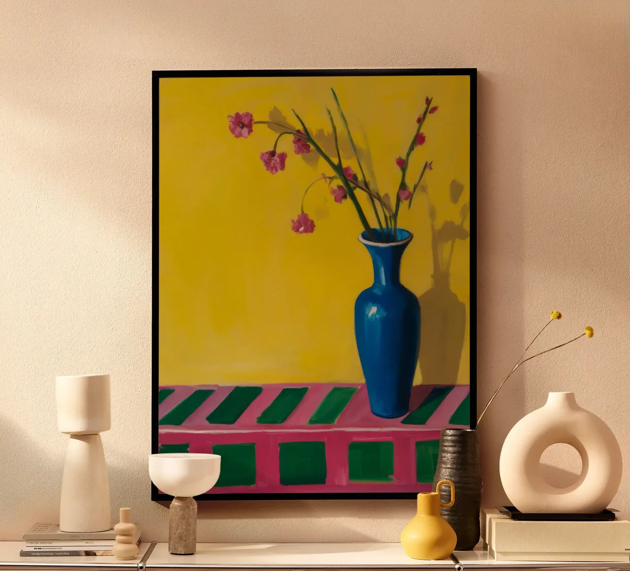 Blaue Vase Frühlingszweig Poster mit Holzrahmen von Tiga Bersama