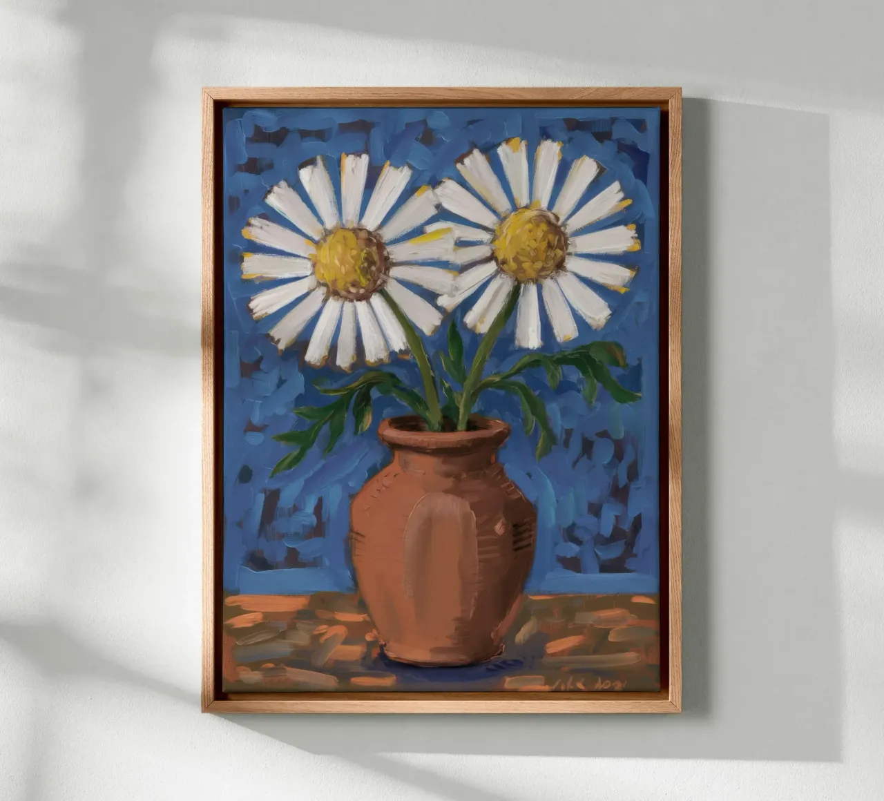 Bruine vaas margrieten canvas met Baklijst van Tiga Bersama