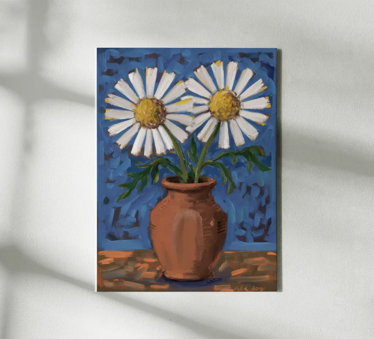 Bruine vaas margrieten canvas met Baklijst van Tiga Bersama