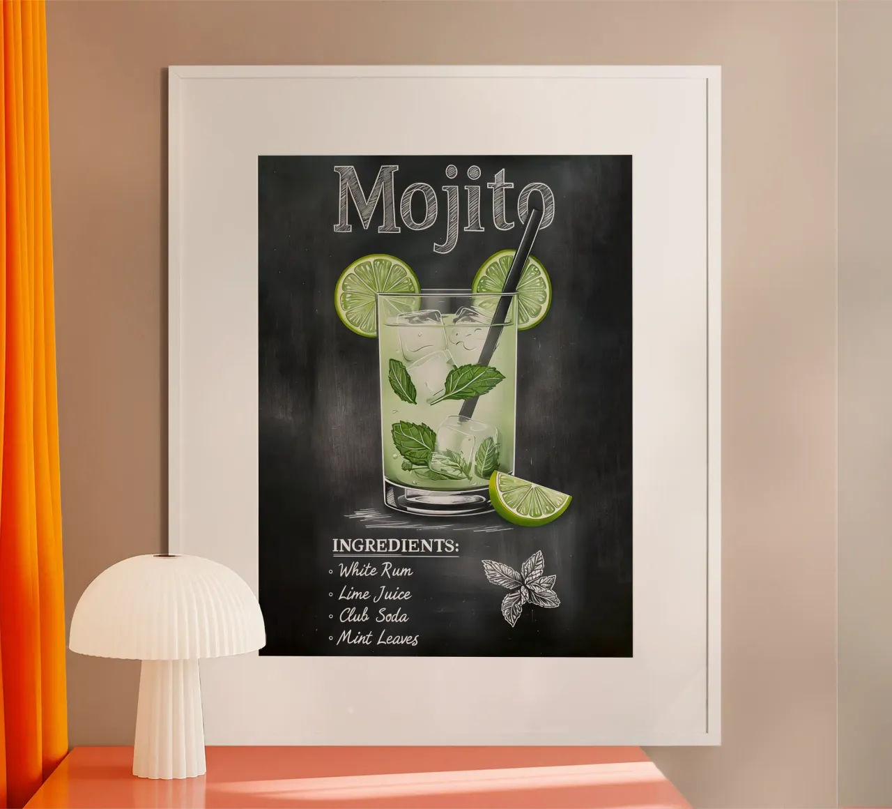 Illustrazione di un cocktail Mojito su lavagna poster con telaio in alluminio da 🥝 KIWI STORE