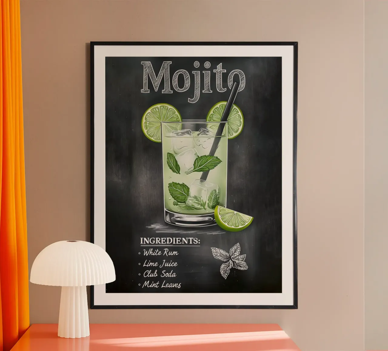 Illustrazione di un cocktail Mojito su lavagna poster con telaio in alluminio da 🥝 KIWI STORE