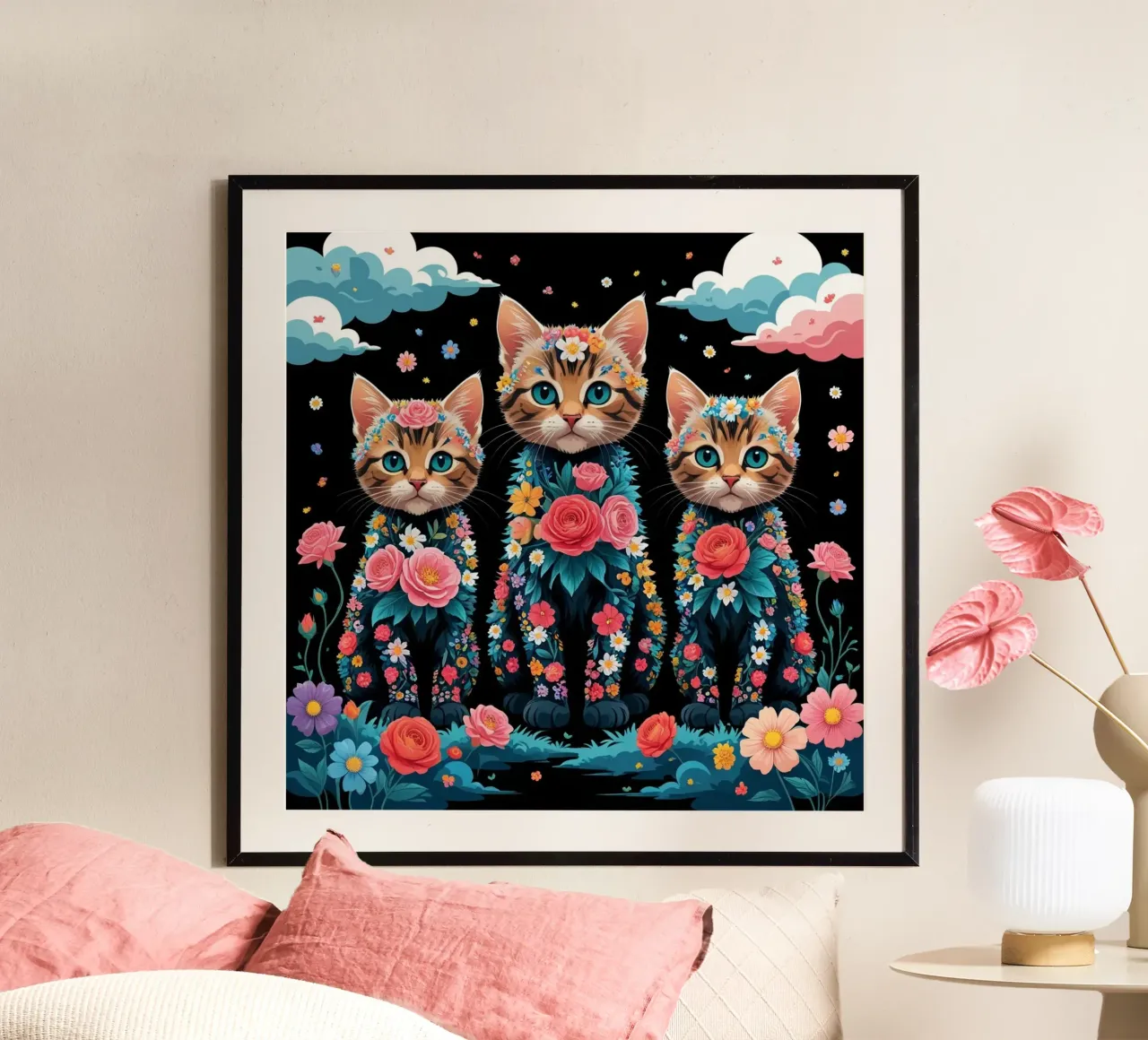 tre gattini poster con telaio in alluminio da van hellen