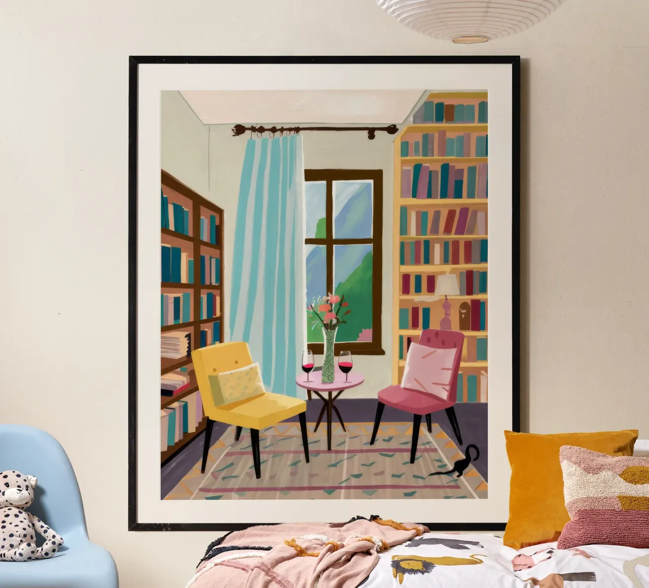 Angolo della biblioteca illuminato dal sole poster con telaio in plastica da Tiga Bersama