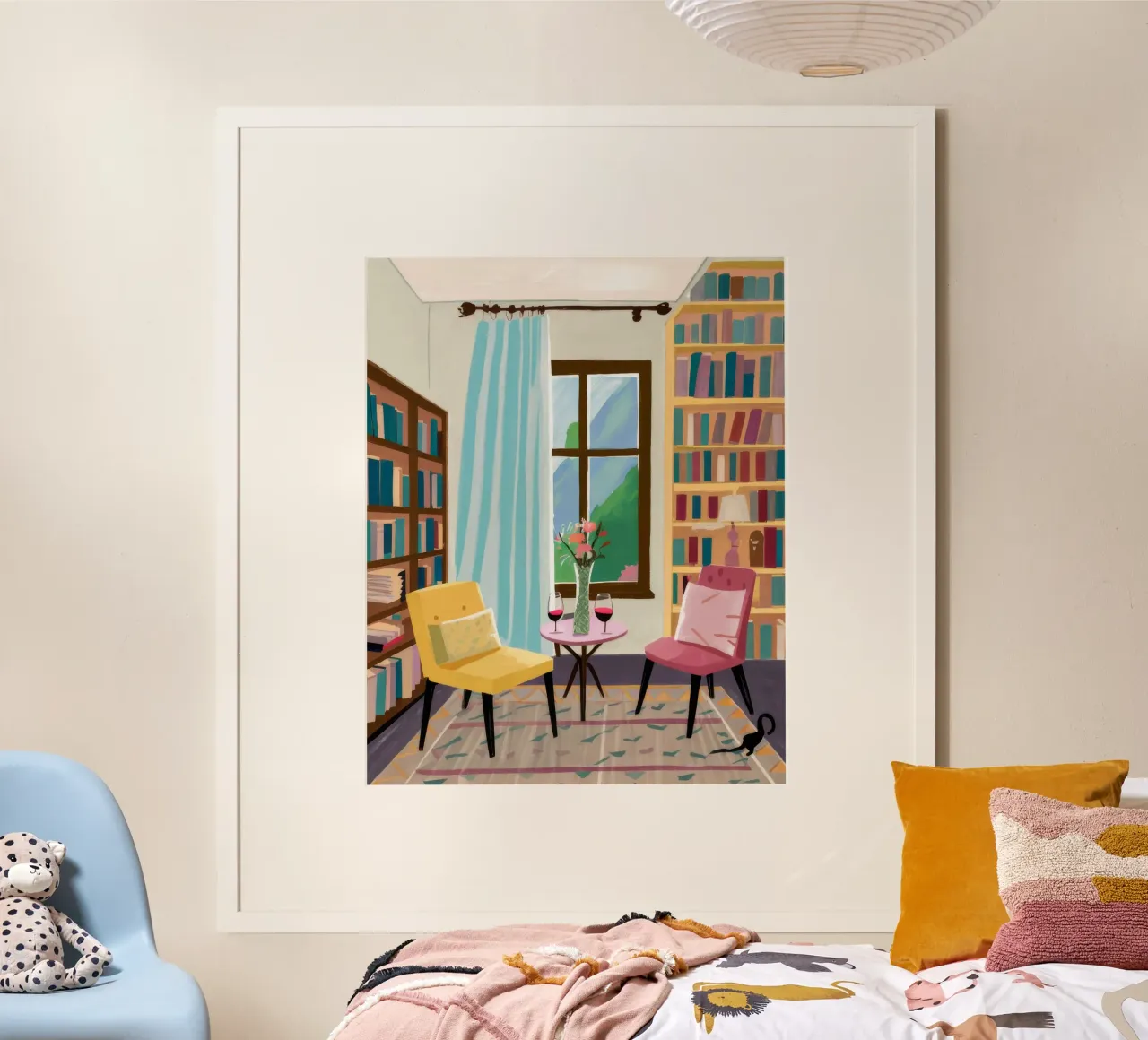 Angolo della biblioteca illuminato dal sole poster con telaio in plastica da Tiga Bersama