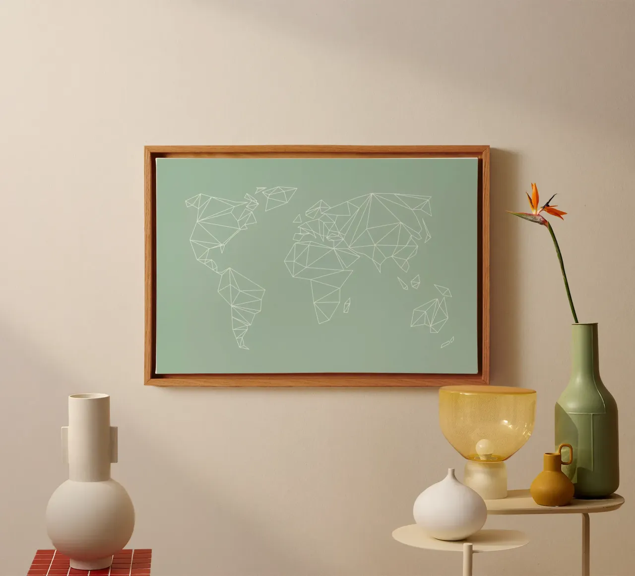 Geometrical World Map Pastel Sage Green tela con Cornice a cassetta da Studio Nahili