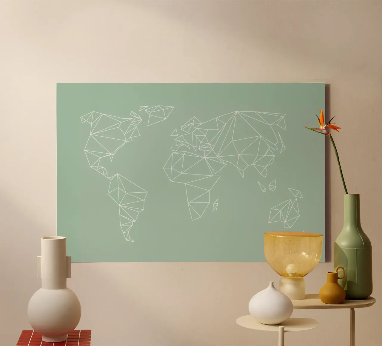 Geometrical World Map Pastel Sage Green tela con Cornice a cassetta da Studio Nahili