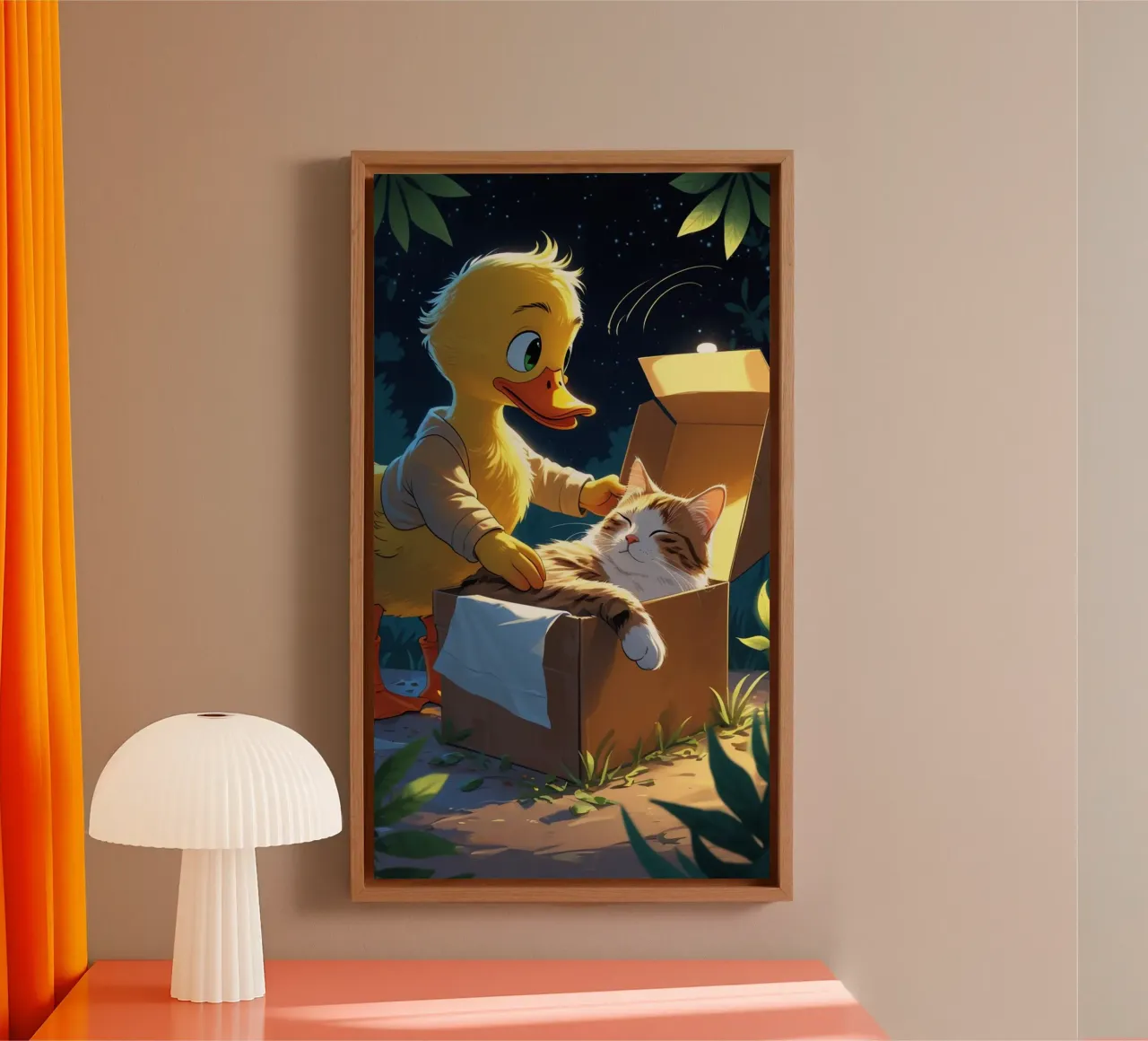 yellow duck and cat canvas with Floater frame by van hellen