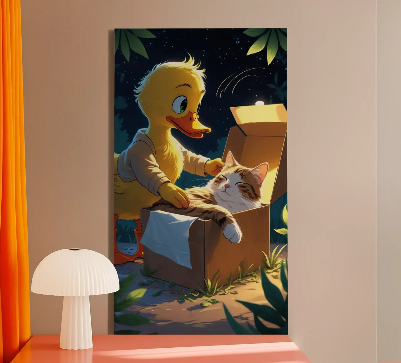 yellow duck and cat canvas with Floater frame by van hellen