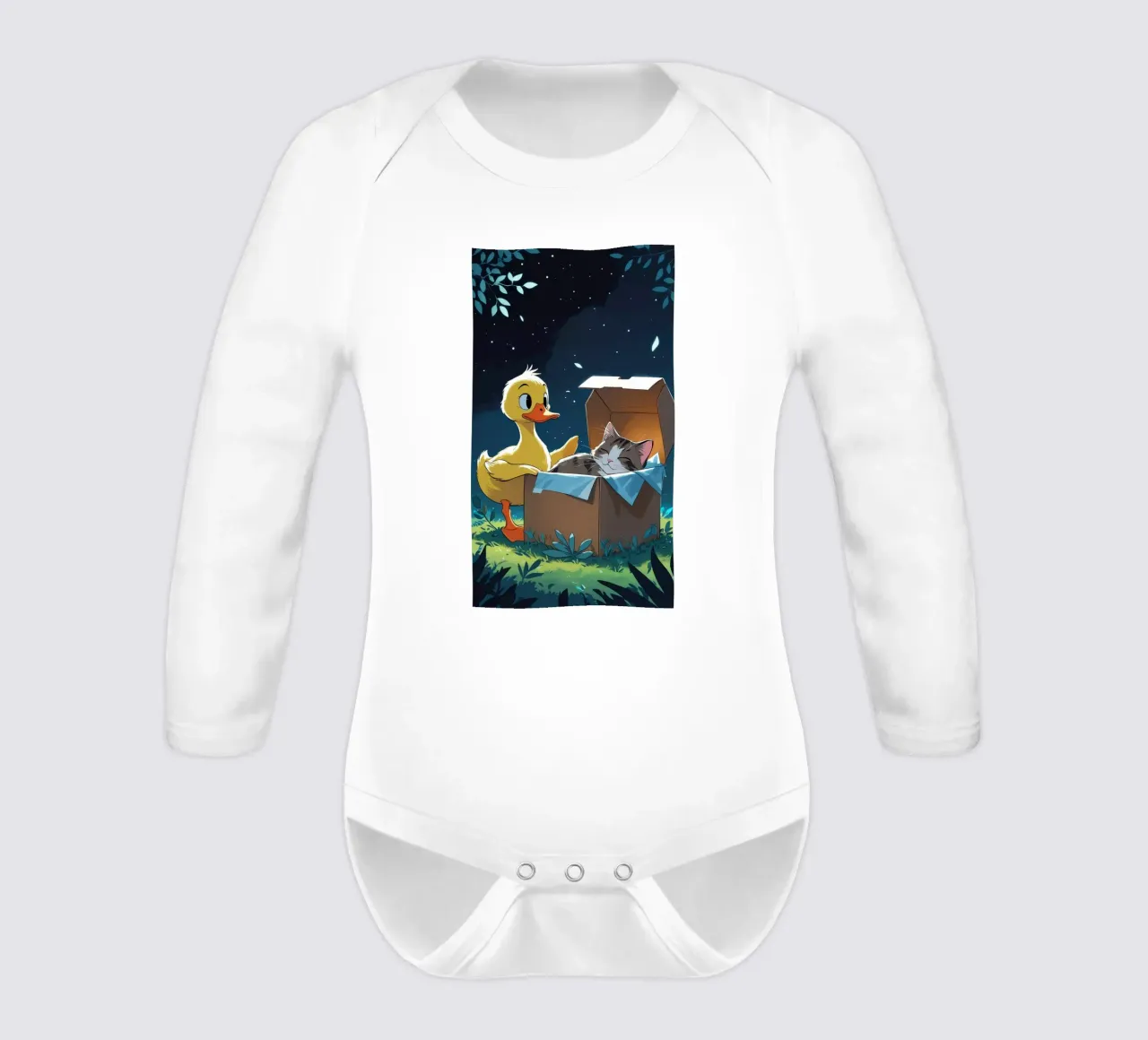 yellow duck and cat long-sleeve baby romper by van hellen