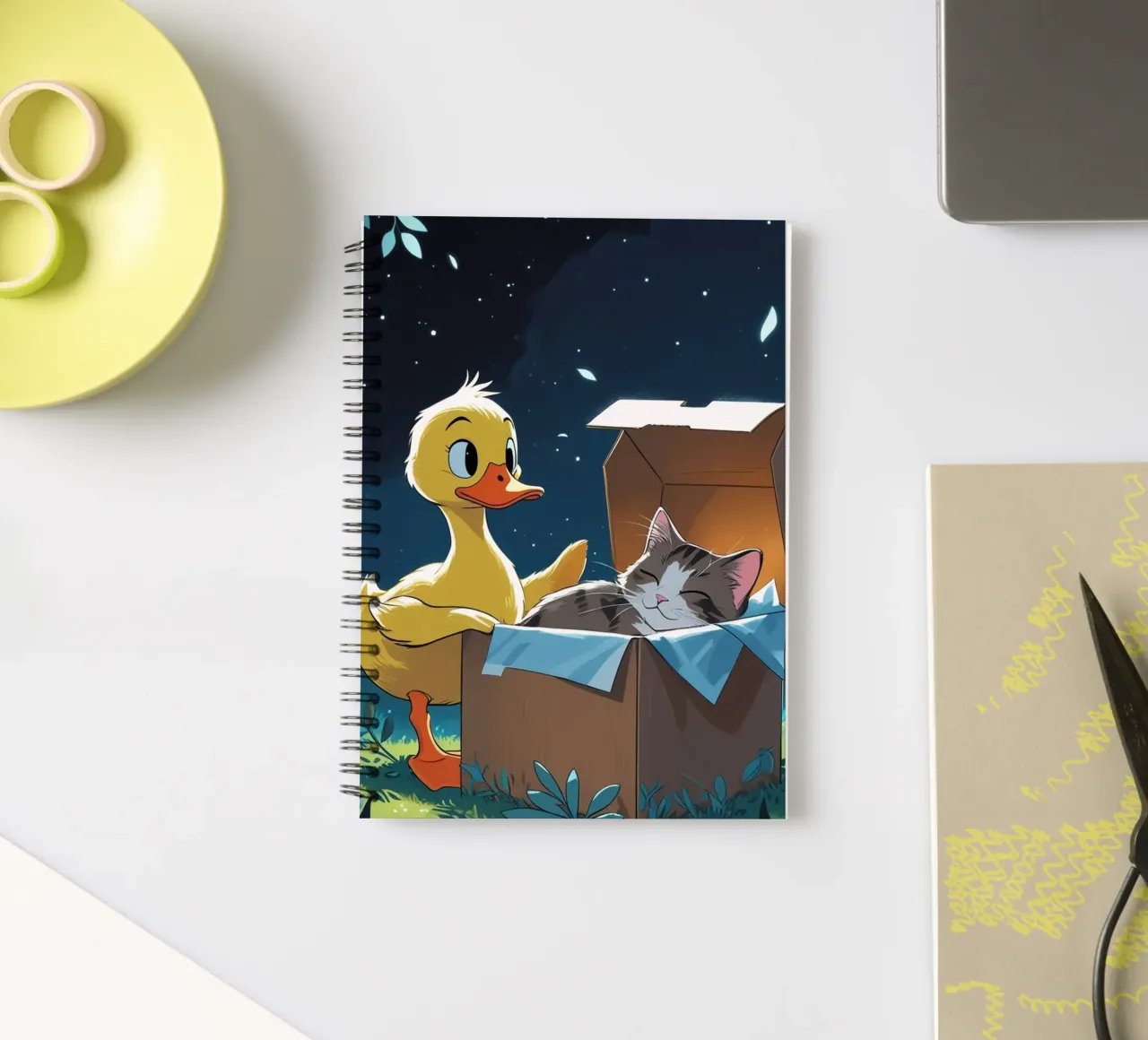 yellow duck and cat spiral notebook by van hellen