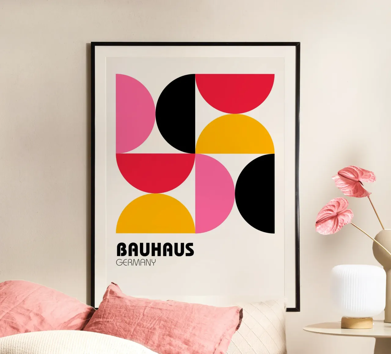 Bauhaus Geometry - Pink Yellow Modern Art Print poster with aluminum frame by Casa Calm