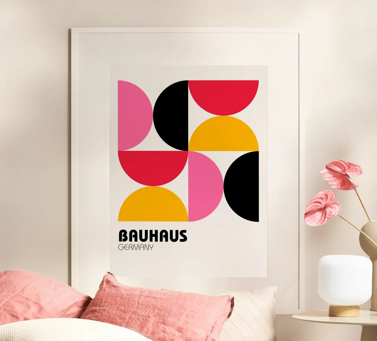 Bauhaus Geometry - Pink Yellow Modern Art Print poster with aluminum frame by Casa Calm