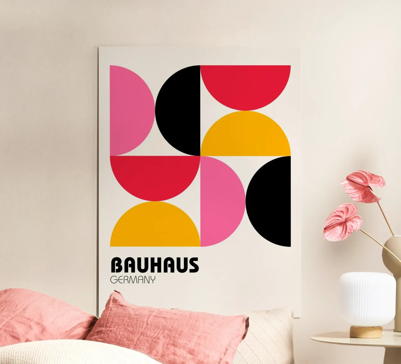 Bauhaus Geometry - Pink Yellow Modern Art Print poster with aluminum frame by Casa Calm
