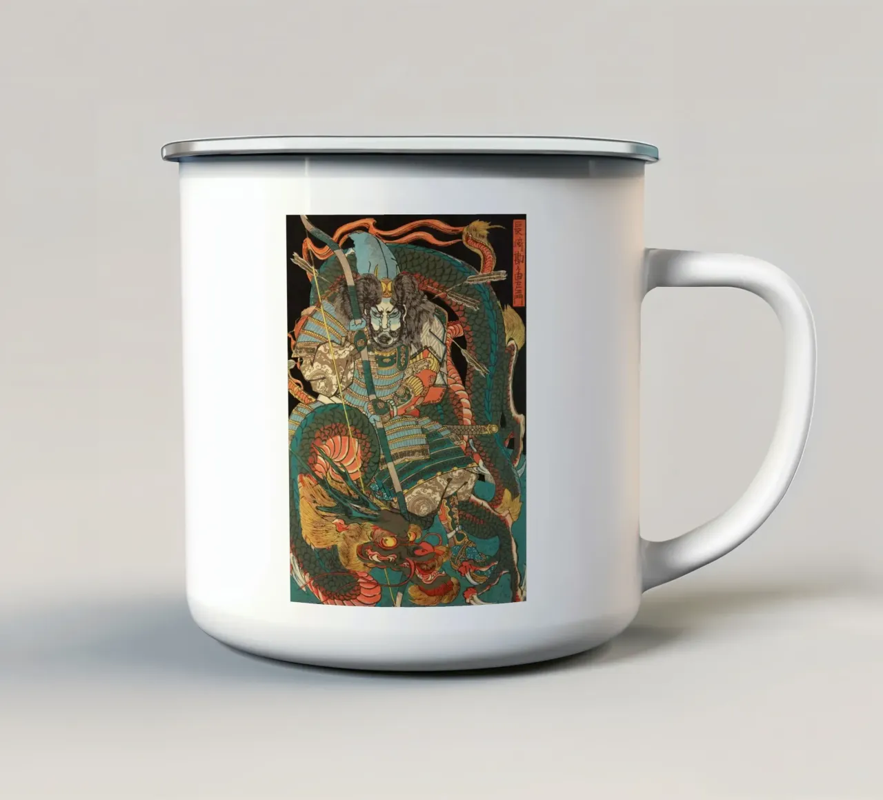 Samurai a cavallo del drago - Ukiyo-e giapponese d'epoca tazza in smalto da Masterpieces Of Japanese Art