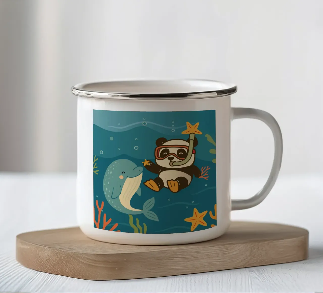 Panda duikt met dolfijn in zee emaille mok van namosh